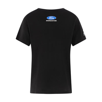 A black short-sleeve t-shirt with a blue and white Ford Racing logo printed on the upper chest, shown against a plain white background.