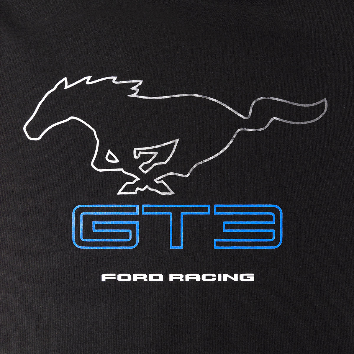 A close-up of a black garment featuring a white outline of a running horse and the words 'GT3 FORD RACING' in blue and white text.