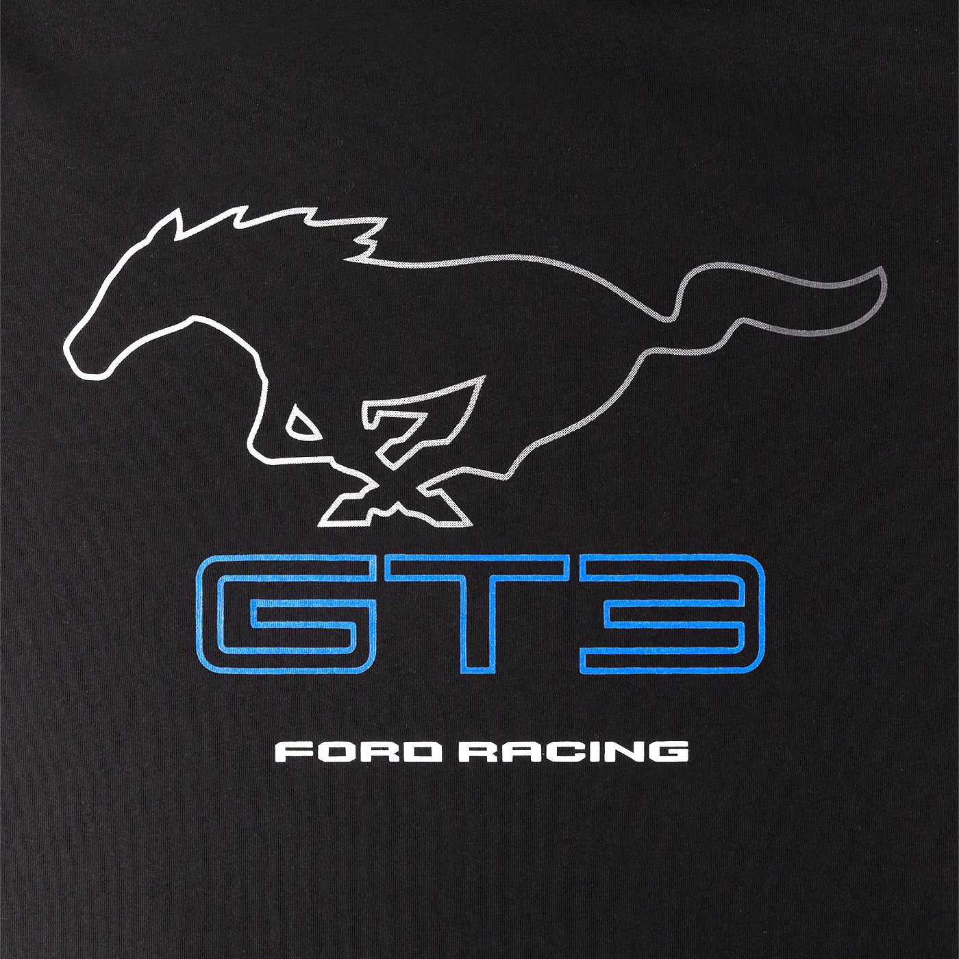 A close-up of a black garment featuring a white outline of a running horse and the words 'GT3 FORD RACING' in blue and white text.