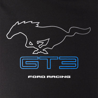 A close-up of a black garment featuring a white outline of a running horse and the words 'GT3 FORD RACING' in blue and white text.