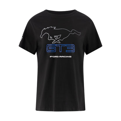A black short-sleeve t-shirt featuring a white outline of a running horse, the text 'GT3' in blue outlined letters, and 'FORD RACING' printed below, displayed on a solid white background.