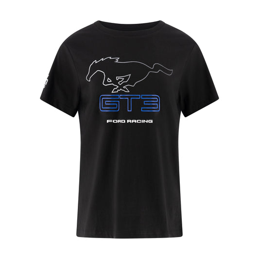 A black short-sleeve t-shirt featuring a white outline of a running horse, the text 'GT3' in blue outlined letters, and 'FORD RACING' printed below, displayed on a solid white background.