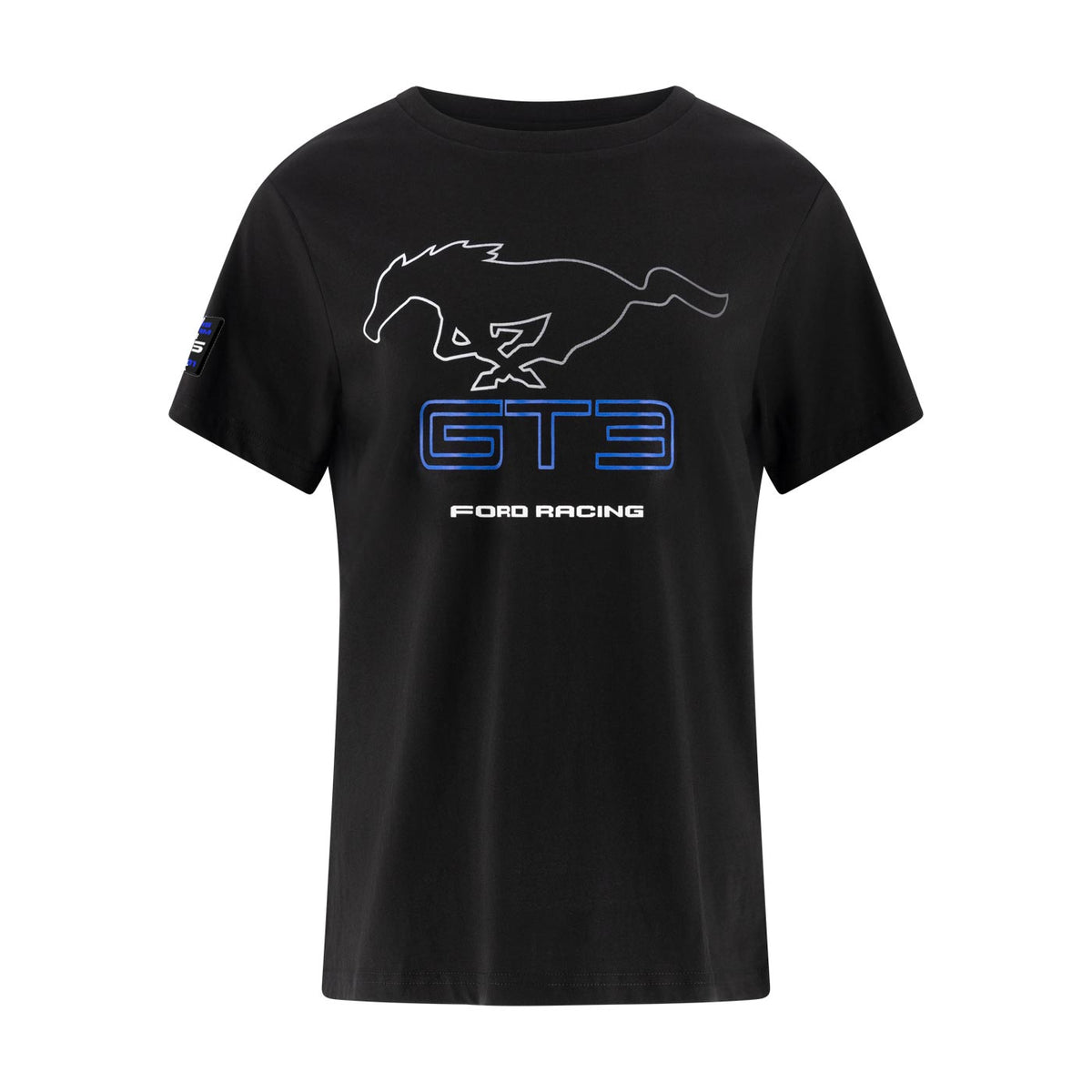 white pony logo with GT3 text in blue and Ford Racing text on a black women's t-shirt