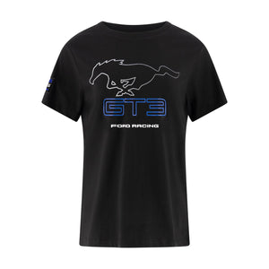 white pony logo with GT3 text in blue and Ford Racing text on a black women's t-shirt