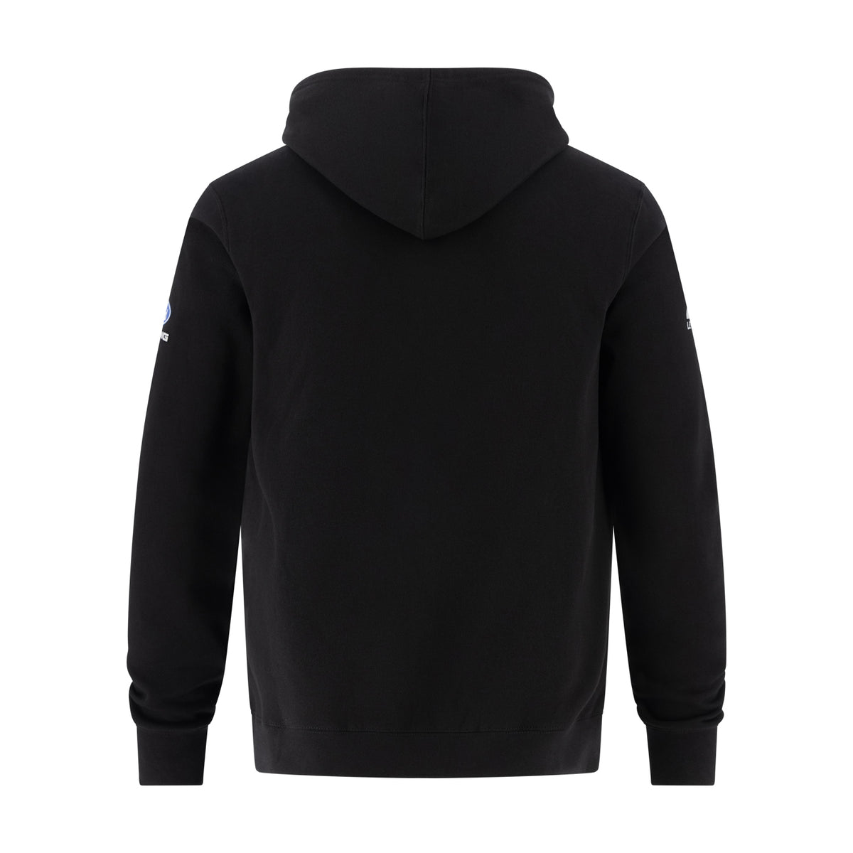 A black hooded sweatshirt shown from the back, featuring a small blue and white logo on the left sleeve, set against a plain white background.
