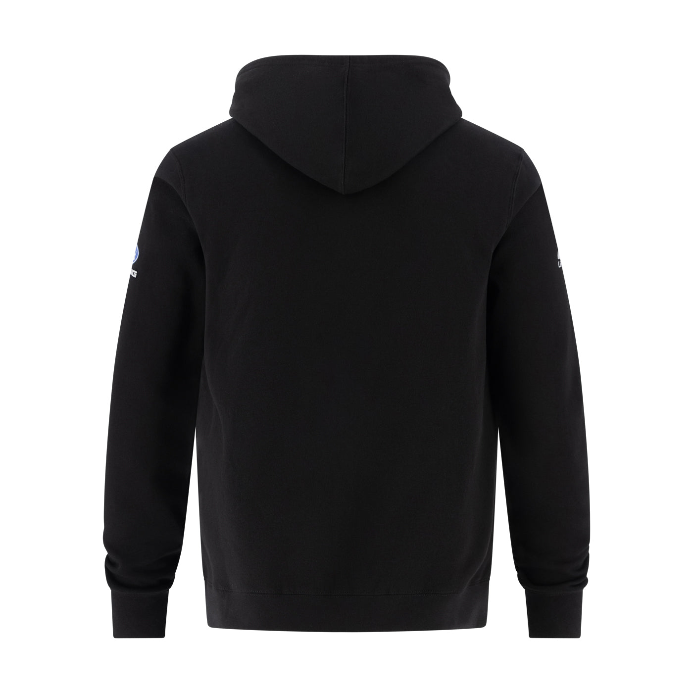 A black hooded sweatshirt shown from the back, featuring a small blue and white logo on the left sleeve, set against a plain white background.
