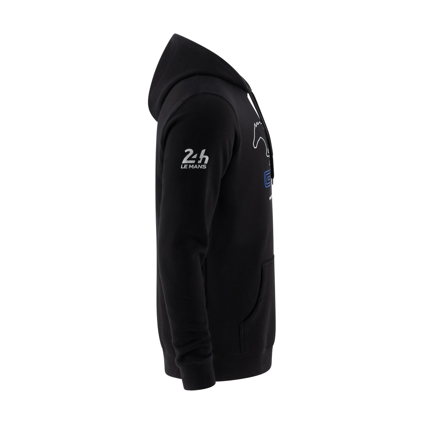 A black pullover hoodie shown from the side profile on a plain white background, featuring white and blue graphics including '2.5 LE MANS' on the sleeve.