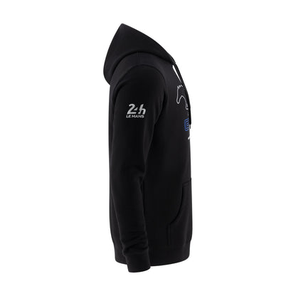 A black pullover hoodie shown from the side profile on a plain white background, featuring white and blue graphics including '2.5 LE MANS' on the sleeve.