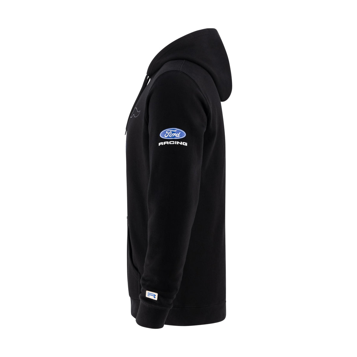 A black zip-up hoodie shown from the side profile on a white background, featuring a blue and white Ford Racing logo on the upper left sleeve.