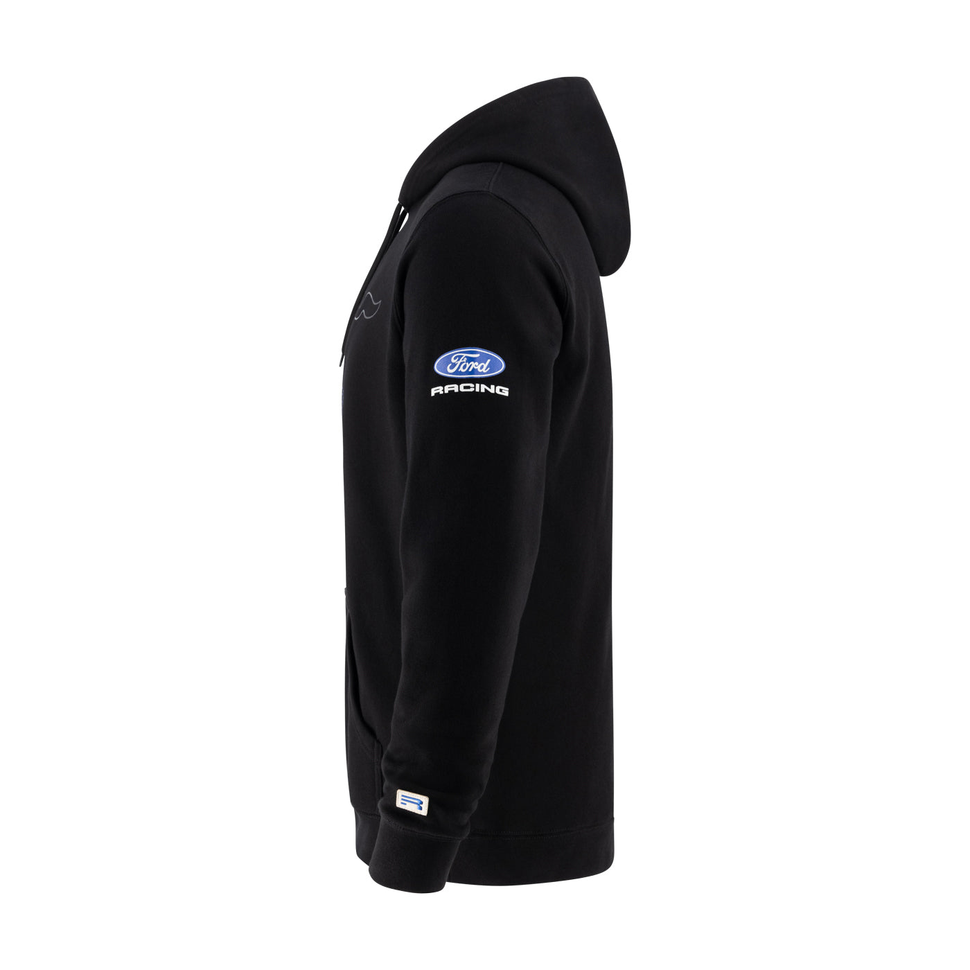 A black zip-up hoodie shown from the side profile on a white background, featuring a blue and white Ford Racing logo on the upper left sleeve.