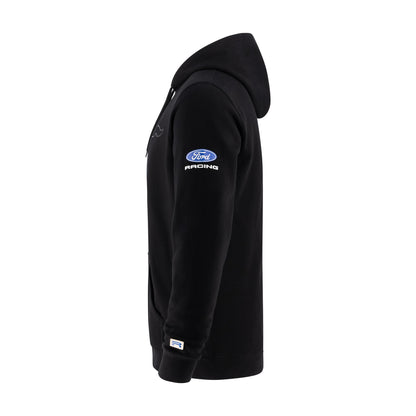 A black zip-up hoodie shown from the side profile on a white background, featuring a blue and white Ford Racing logo on the upper left sleeve.