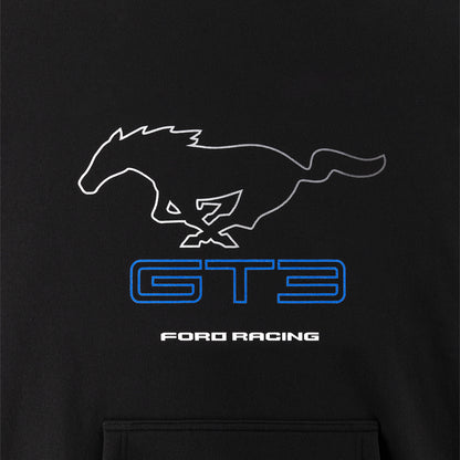 Close-up of a black sweatshirt featuring a white outline of the Mustang horse logo, a blue outlined 'GT3' graphic, and 'FORD RACING' text on the chest.