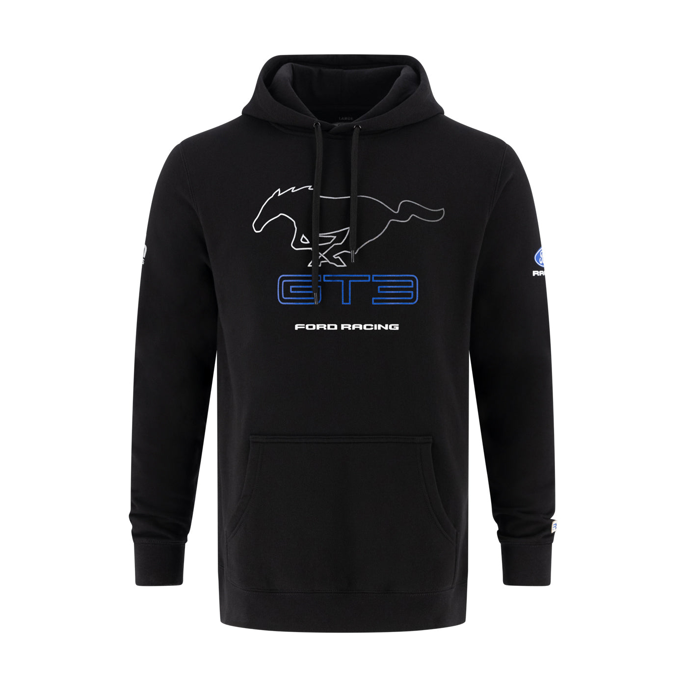 A black pullover hoodie featuring a white outline of a running horse and the text 'GT3 FORD RACING' in blue and white on the chest, with a small blue logo on the right sleeve.