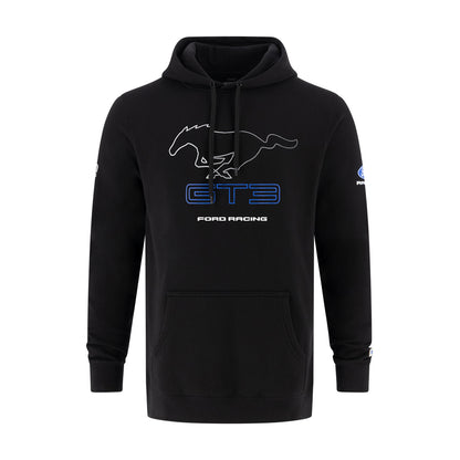 A black pullover hoodie featuring a white outline of a running horse and the text 'GT3 FORD RACING' in blue and white on the chest, with a small blue logo on the right sleeve.
