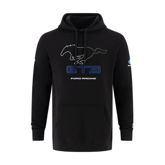 A black pullover hoodie featuring a white outline of a running horse and the text 'GT3 FORD RACING' in blue and white on the chest, with a small blue logo on the right sleeve.