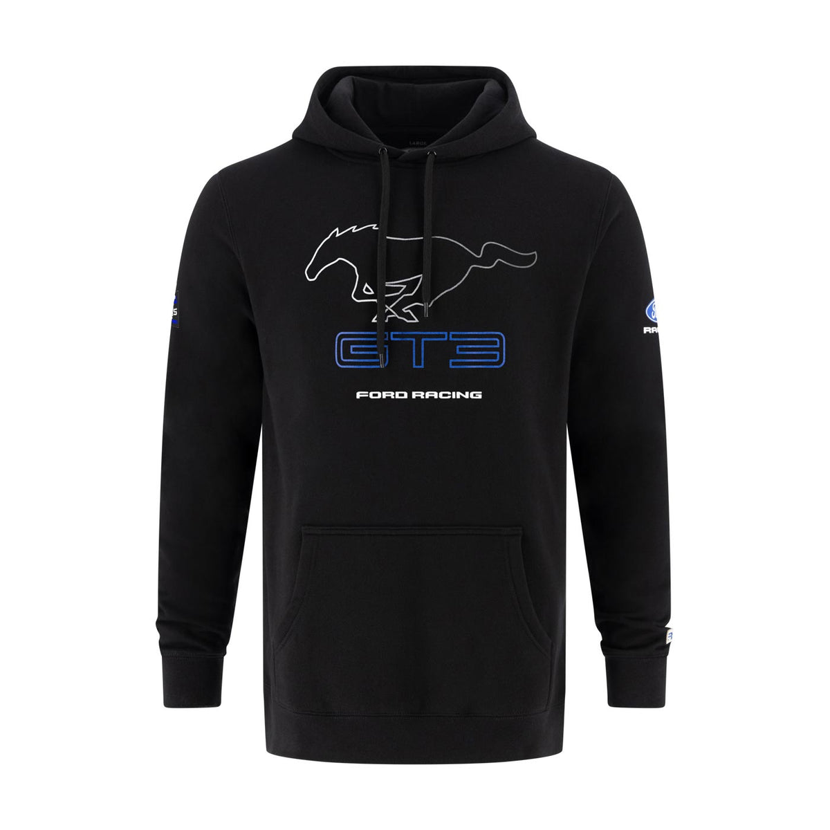 a black hoodie with a ford pony logo and GT3 text with ford racing text on a white background