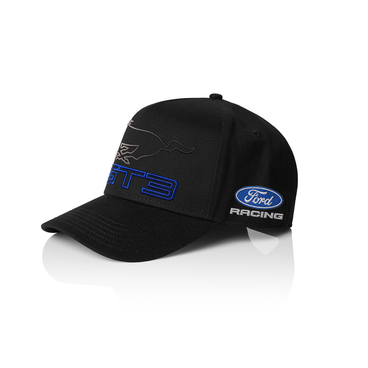 A black Ford GT3 baseball cap featuring a blue outlined 'GT3' logo on the front, a silver horse logo, and a blue and white Ford Racing logo on the side, set against a plain white background with a subtle reflection.