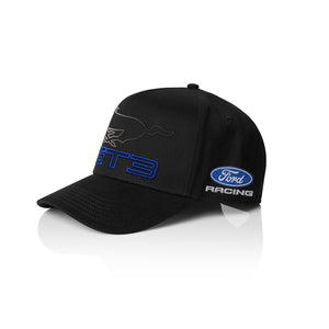A black Ford GT3 baseball cap featuring a blue outlined 'GT3' logo on the front, a silver horse logo, and a blue and white Ford Racing logo on the side, set against a plain white background with a subtle reflection.