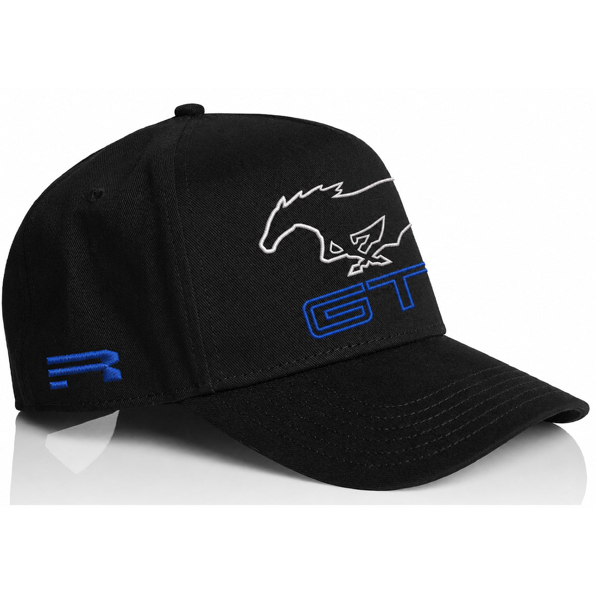 A black baseball cap featuring a white outline of a horse head logo and blue 'GT' lettering on the front, with a blue stylized 'R' logo on the side, set against a plain white background.
