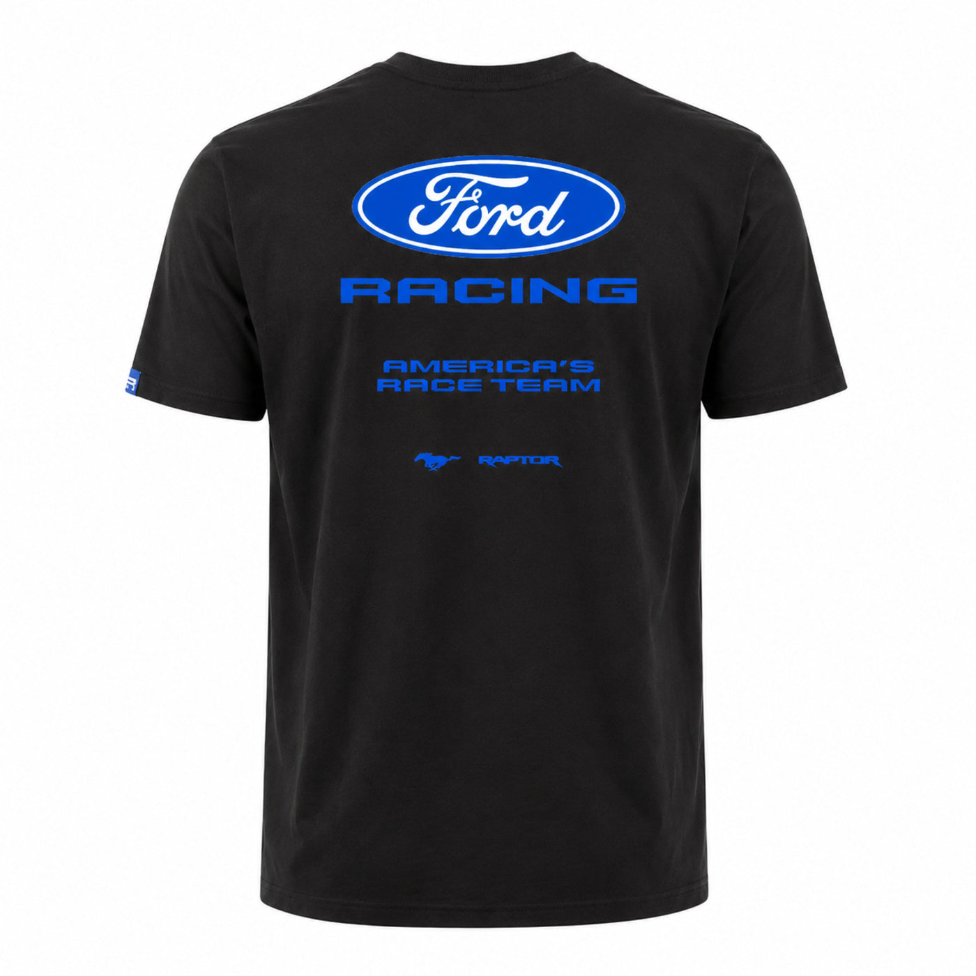 A black short-sleeve t-shirt with a blue graphic print on the back. The print features the Ford Racing logo in blue and white, with 'AMERICA'S RACE TEAM' and a small 'RAPTOR' logo below.