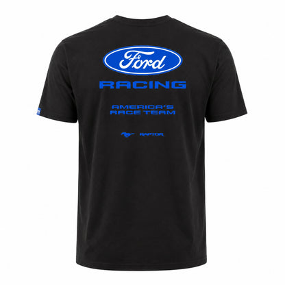 A black short-sleeve t-shirt with a blue graphic print on the back. The print features the Ford Racing logo in blue and white, with 'AMERICA'S RACE TEAM' and a small 'RAPTOR' logo below.