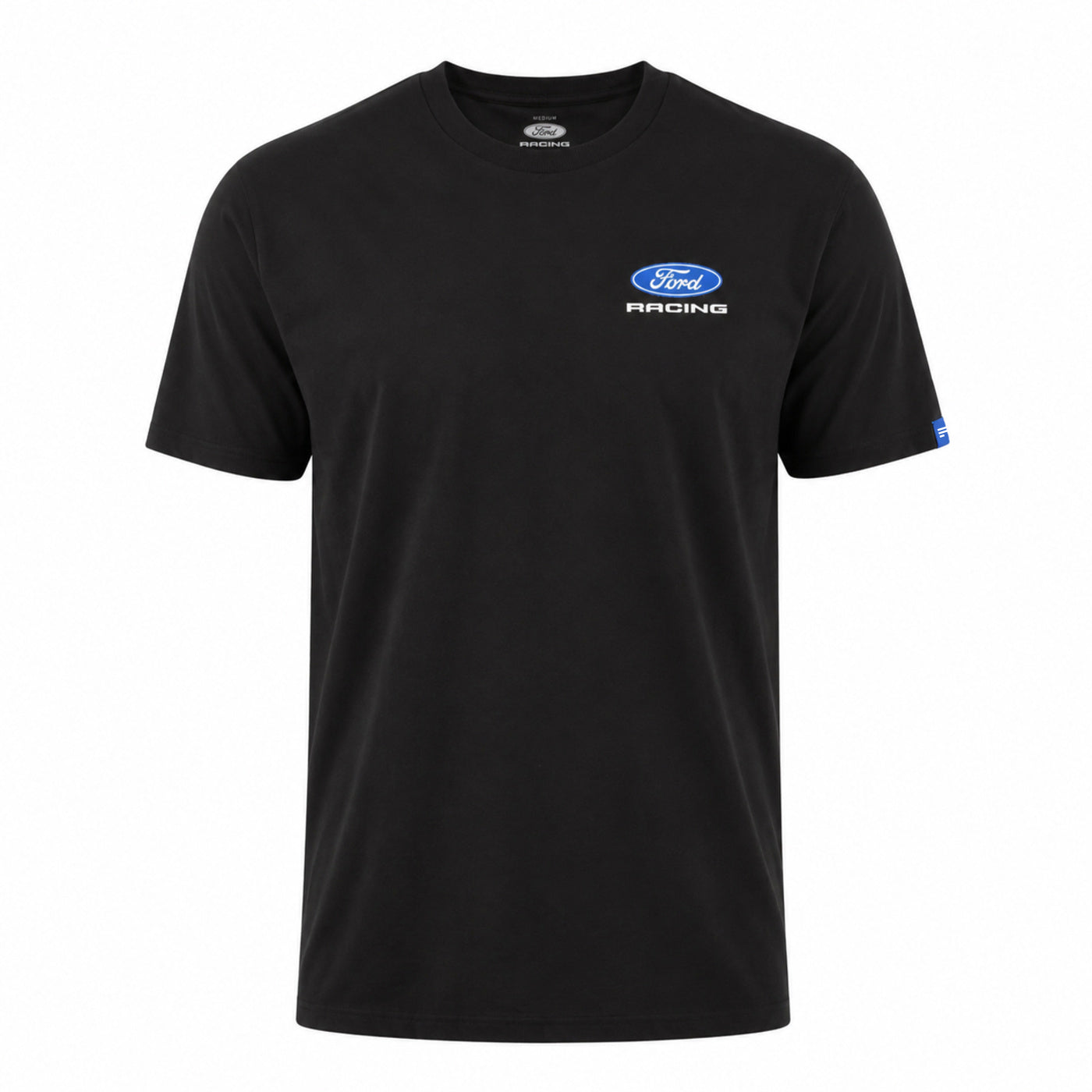 A black short-sleeve crewneck t-shirt featuring a blue and white Ford Racing logo on the left chest, displayed on a clean white background.