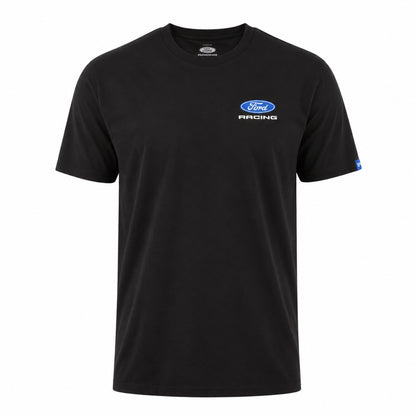 A black short-sleeve crewneck t-shirt featuring a blue and white Ford Racing logo on the left chest, displayed on a clean white background.