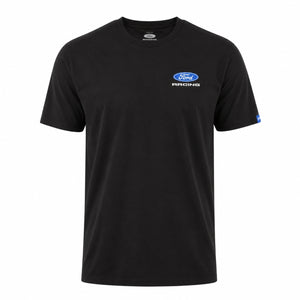 A black short-sleeve crewneck t-shirt featuring a blue and white Ford Racing logo on the left chest, displayed on a clean white background.