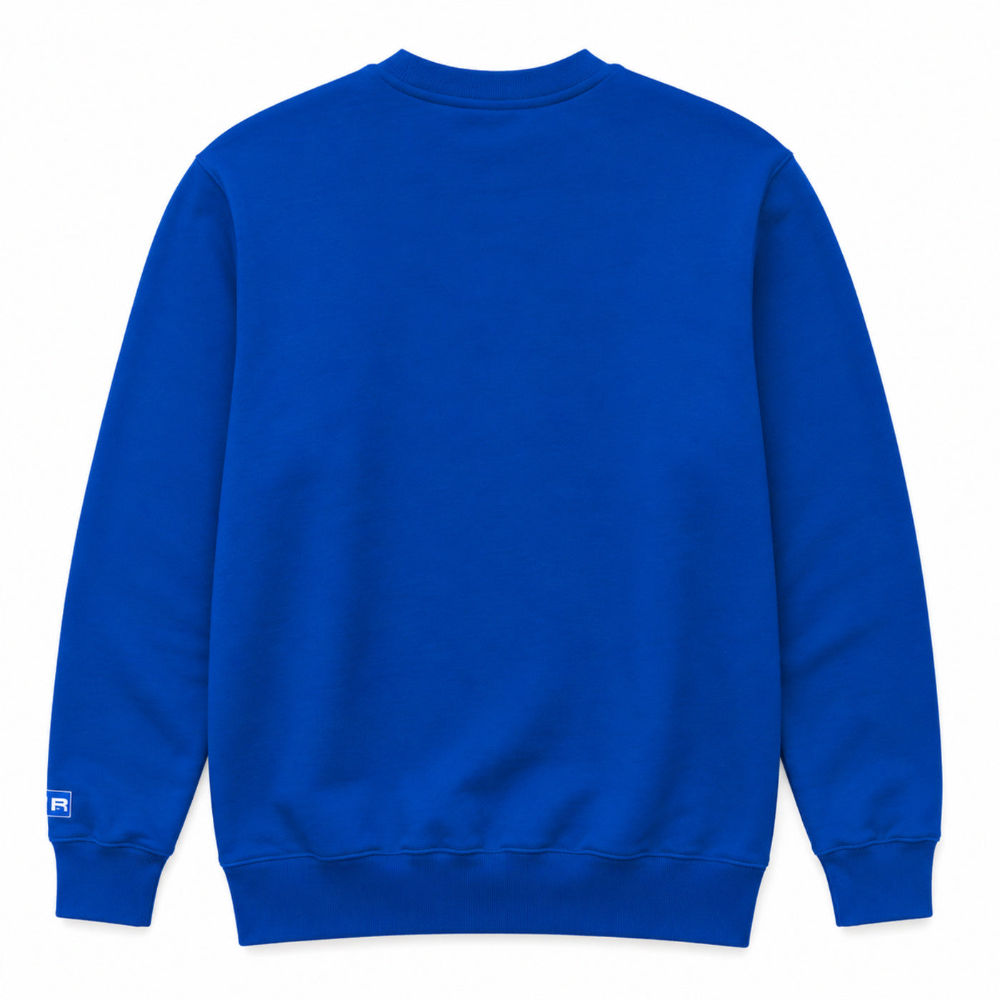A royal blue crewneck sweatshirt shown from the back, featuring a ribbed collar, cuffs, and hem, with a small white logo patch on the left sleeve cuff.