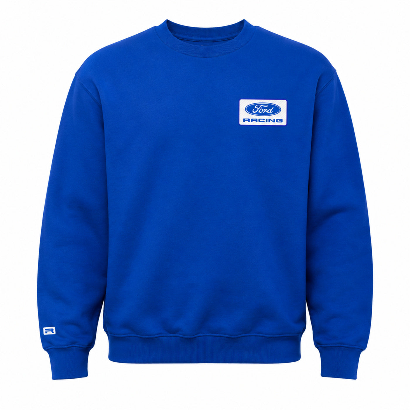A royal blue crewneck sweatshirt featuring a white and blue Ford Racing logo patch on the left chest, displayed on a clean white background.