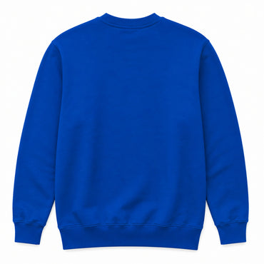 A royal blue crewneck sweatshirt shown from the back, laid flat against a clean white background.