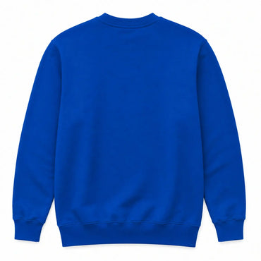 A royal blue crewneck sweatshirt shown from the back, laid flat against a clean white background.