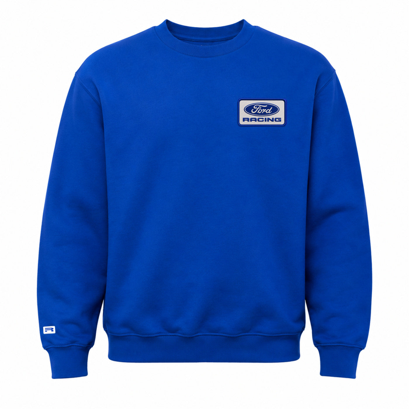 A royal blue crewneck sweatshirt featuring a white and blue Ford Racing logo patch on the left chest, displayed against a solid white background.