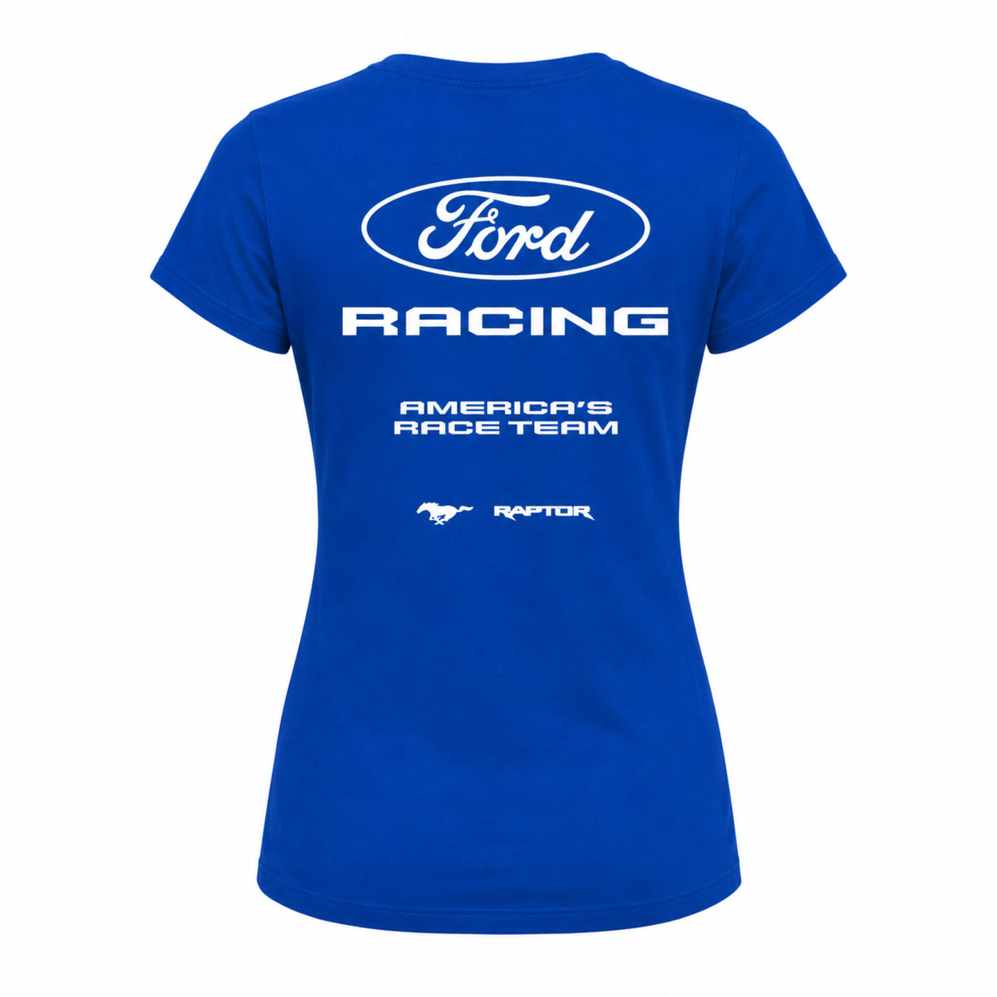 A royal blue short-sleeve t-shirt shown from the back, featuring a white graphic print with the Ford logo, 'Ford Racing', 'America's Race Team', and the Raptor logo.