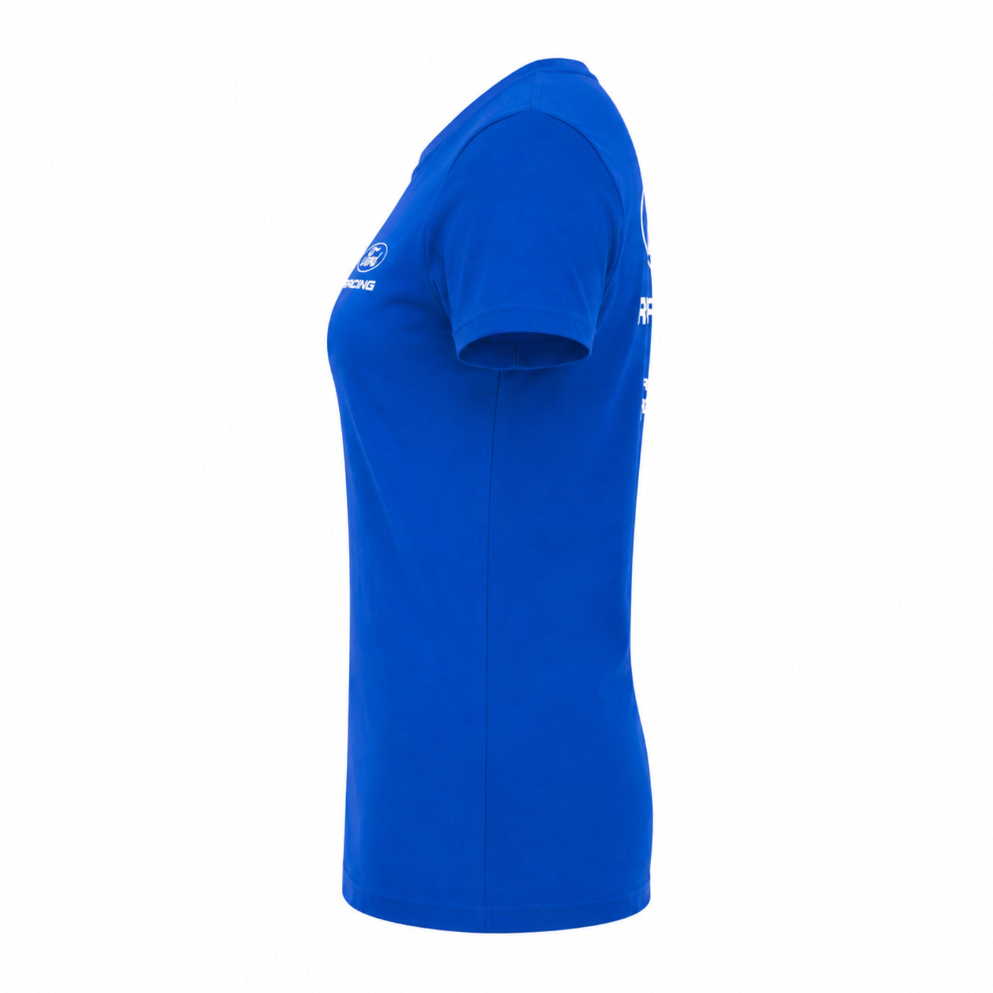A side profile view of a royal blue short-sleeve t-shirt with white printed graphics on the chest and upper arm, displayed on a clean white background.