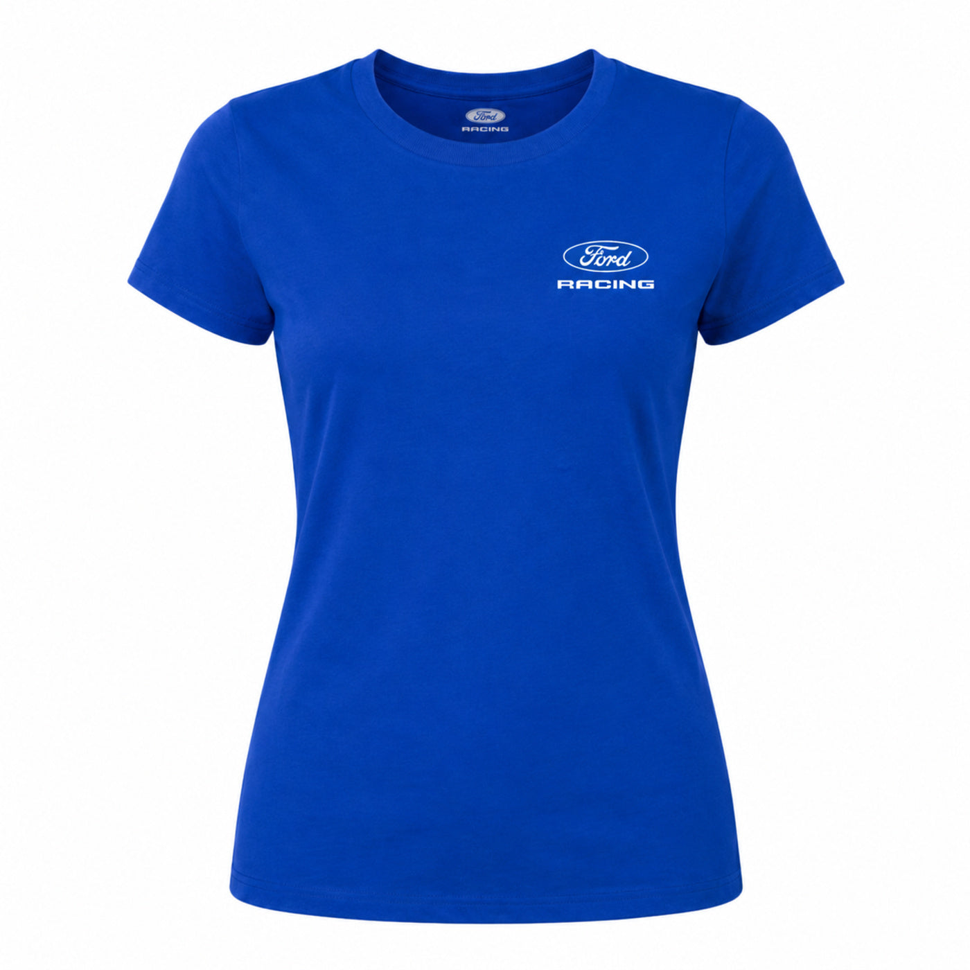 A royal blue short-sleeve crewneck t-shirt with a white Ford Racing logo printed on the left chest, displayed on a clean white background.