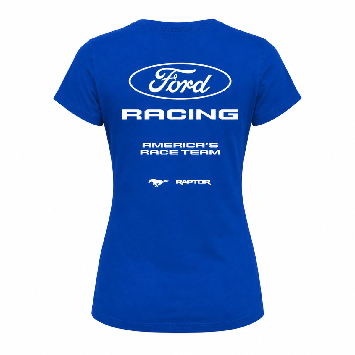 A royal blue short-sleeve t-shirt shown from the back, featuring a white graphic print with the Ford logo, 'Ford Racing', 'America's Race Team', and the Raptor logo.