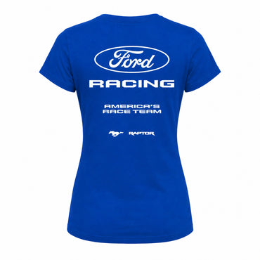 A royal blue short-sleeve t-shirt shown from the back, featuring a white graphic print with the Ford logo, 'Ford Racing', 'America's Race Team', and the Raptor logo.
