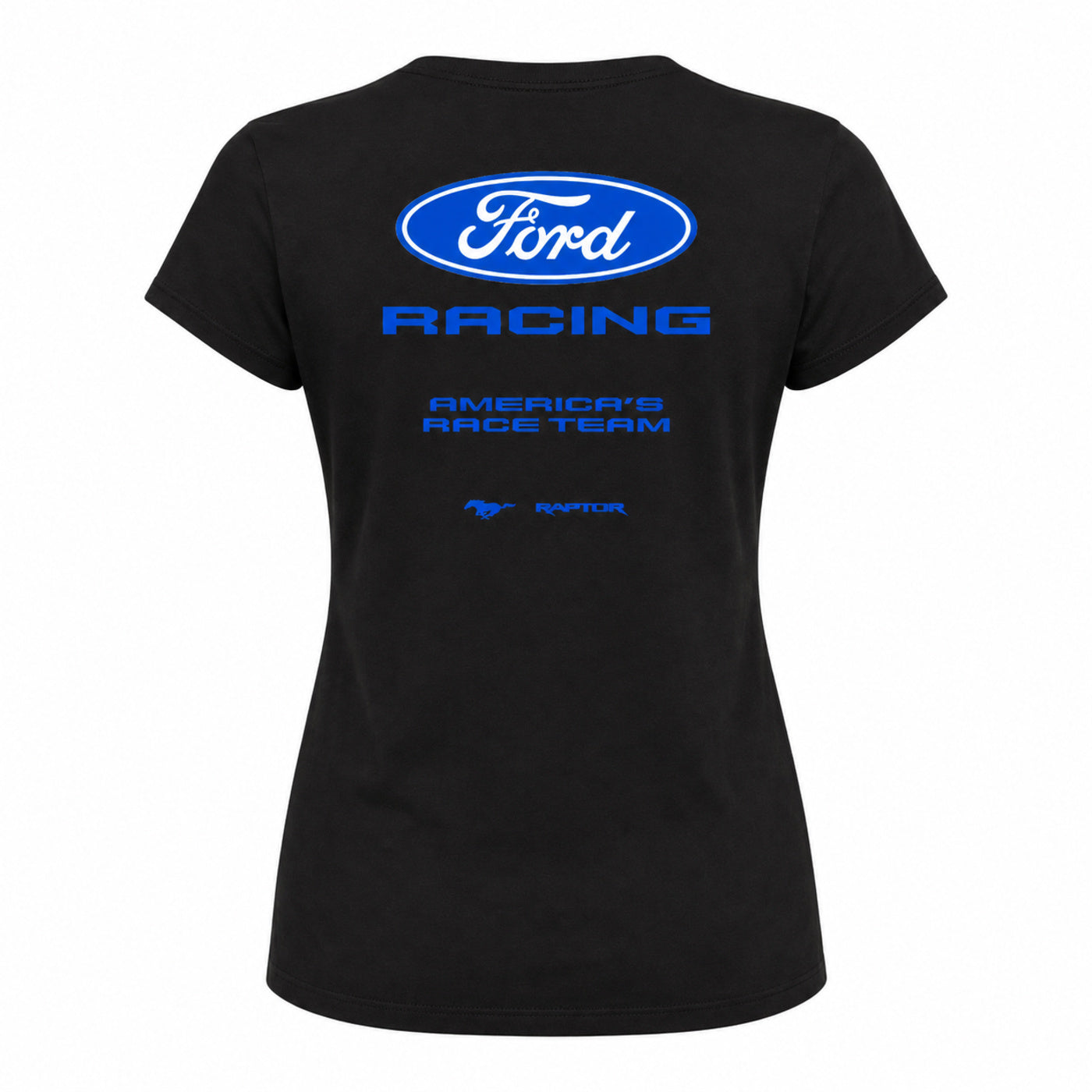 A black short-sleeve t-shirt shown from the back, featuring a blue Ford Racing logo and text printed on the center back.