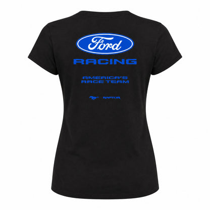 A black short-sleeve t-shirt shown from the back, featuring a blue Ford Racing logo and text printed on the center back.