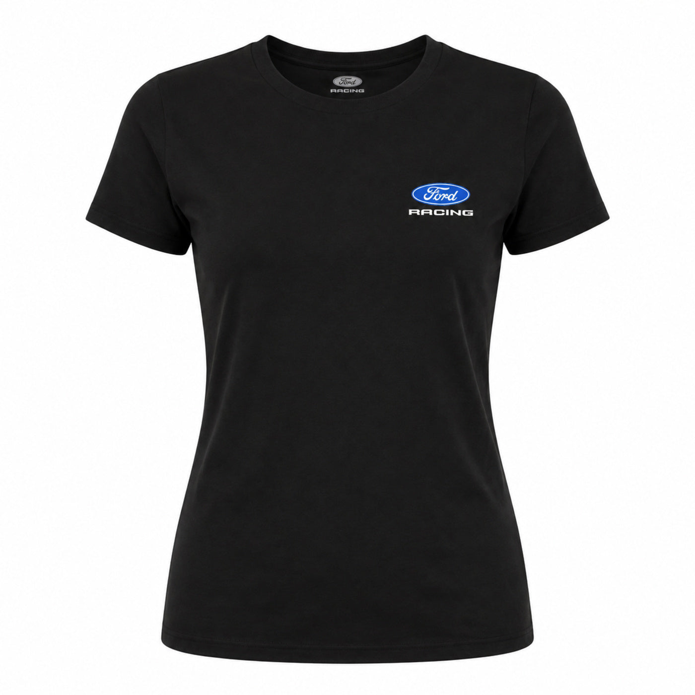 A black short-sleeve crewneck t-shirt with a blue and white Ford Racing logo on the left chest, displayed on a clean white background.