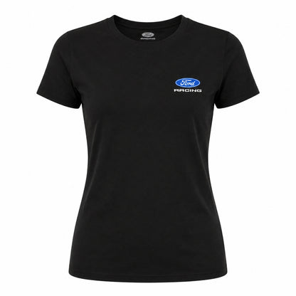A black short-sleeve crewneck t-shirt with a blue and white Ford Racing logo on the left chest, displayed on a clean white background.