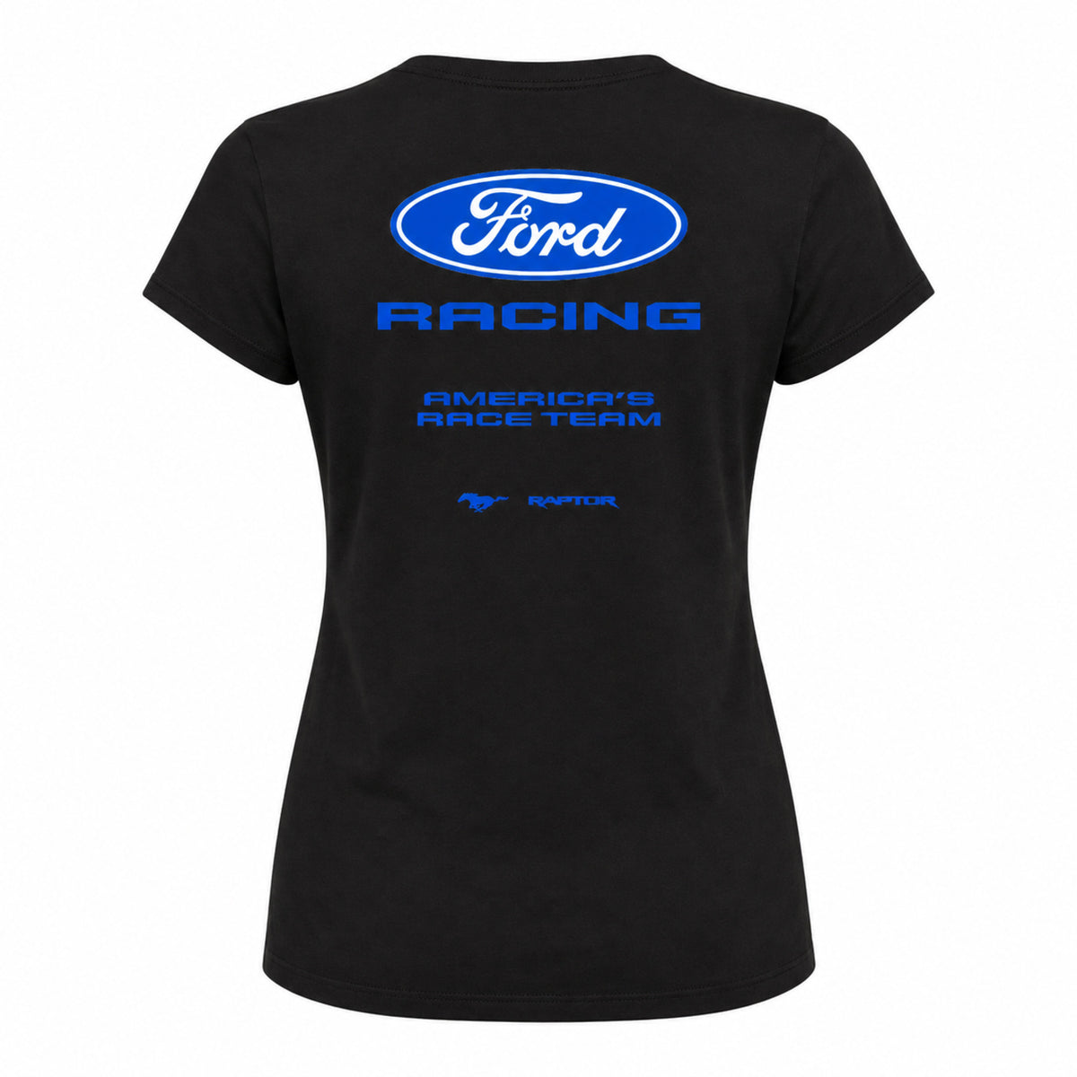 A black short-sleeve t-shirt shown from the back, featuring a blue Ford Racing logo and text printed on the center back.