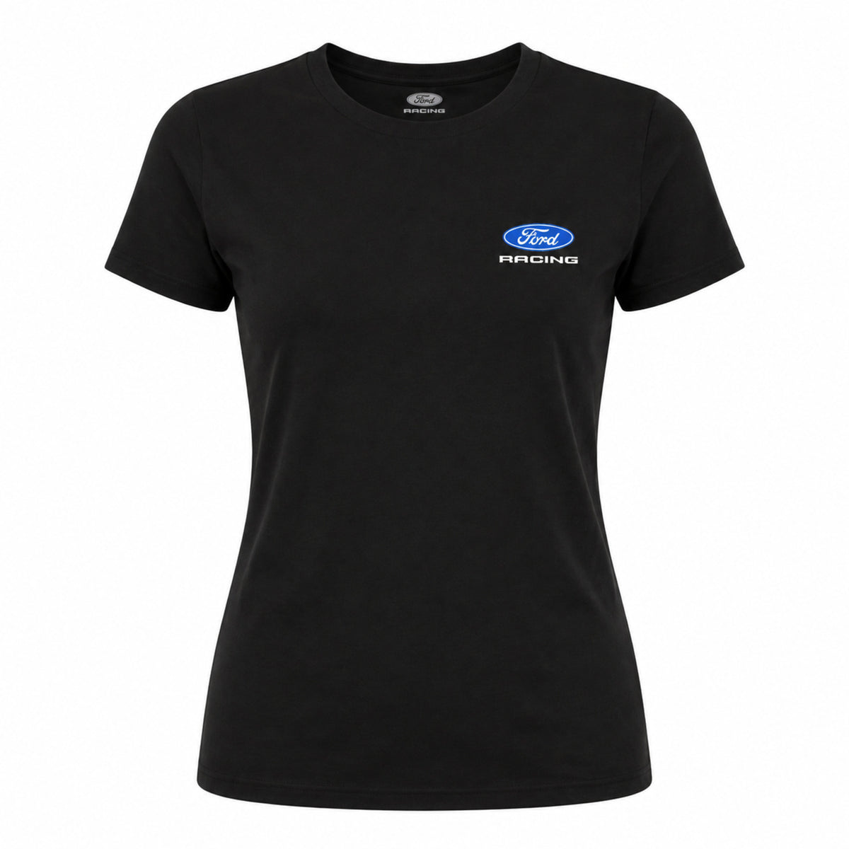A black short-sleeve crewneck t-shirt with a blue and white Ford Racing logo on the left chest, displayed on a clean white background.