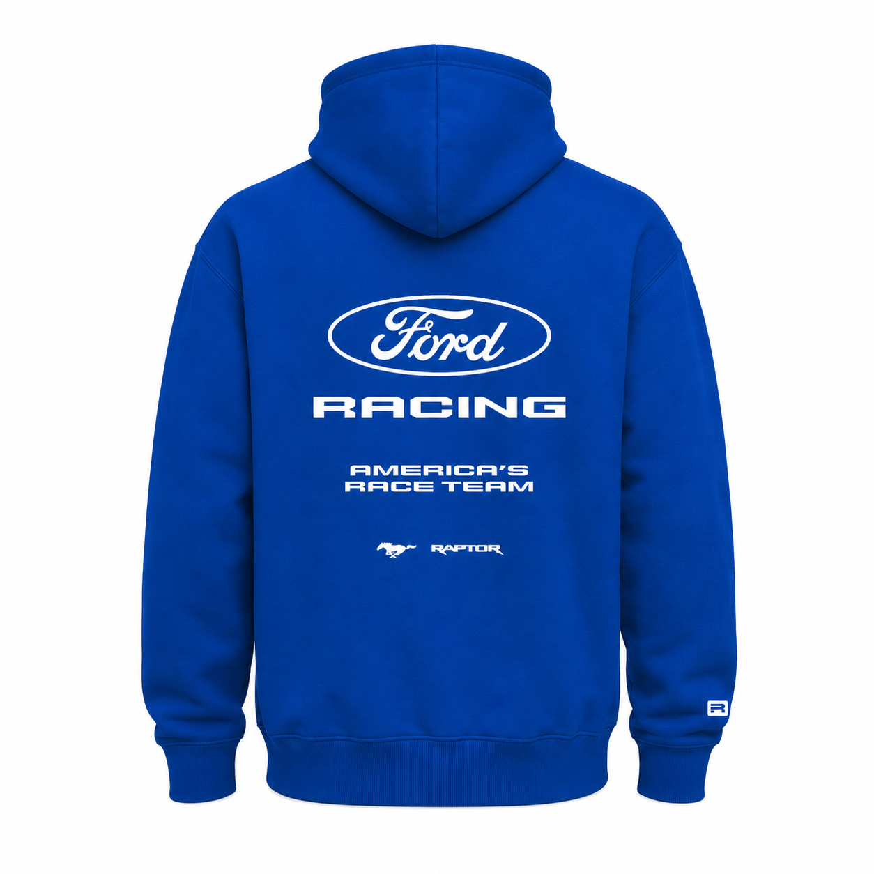 A royal blue hoodie shown from the back, featuring a large white Ford Racing logo and text on the back, with a small white logo on the left sleeve cuff.