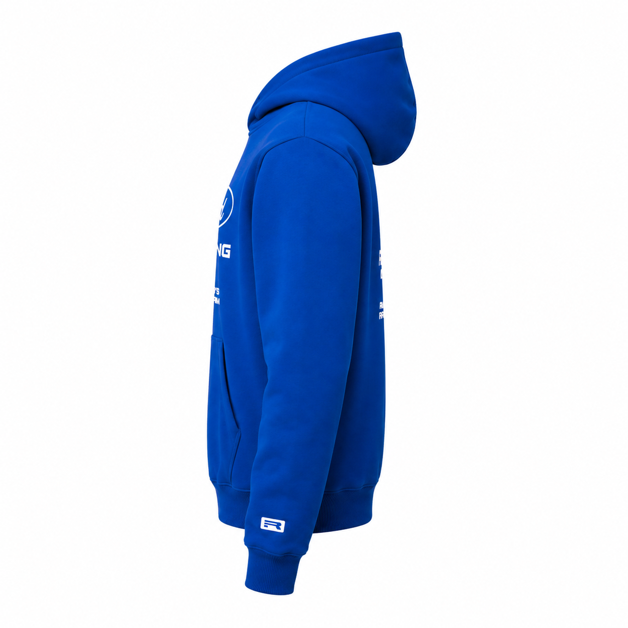 A royal blue hoodie shown from the side profile on a clean white background, featuring white printed graphics on the upper back and sleeve, and a small white logo patch on the cuff.