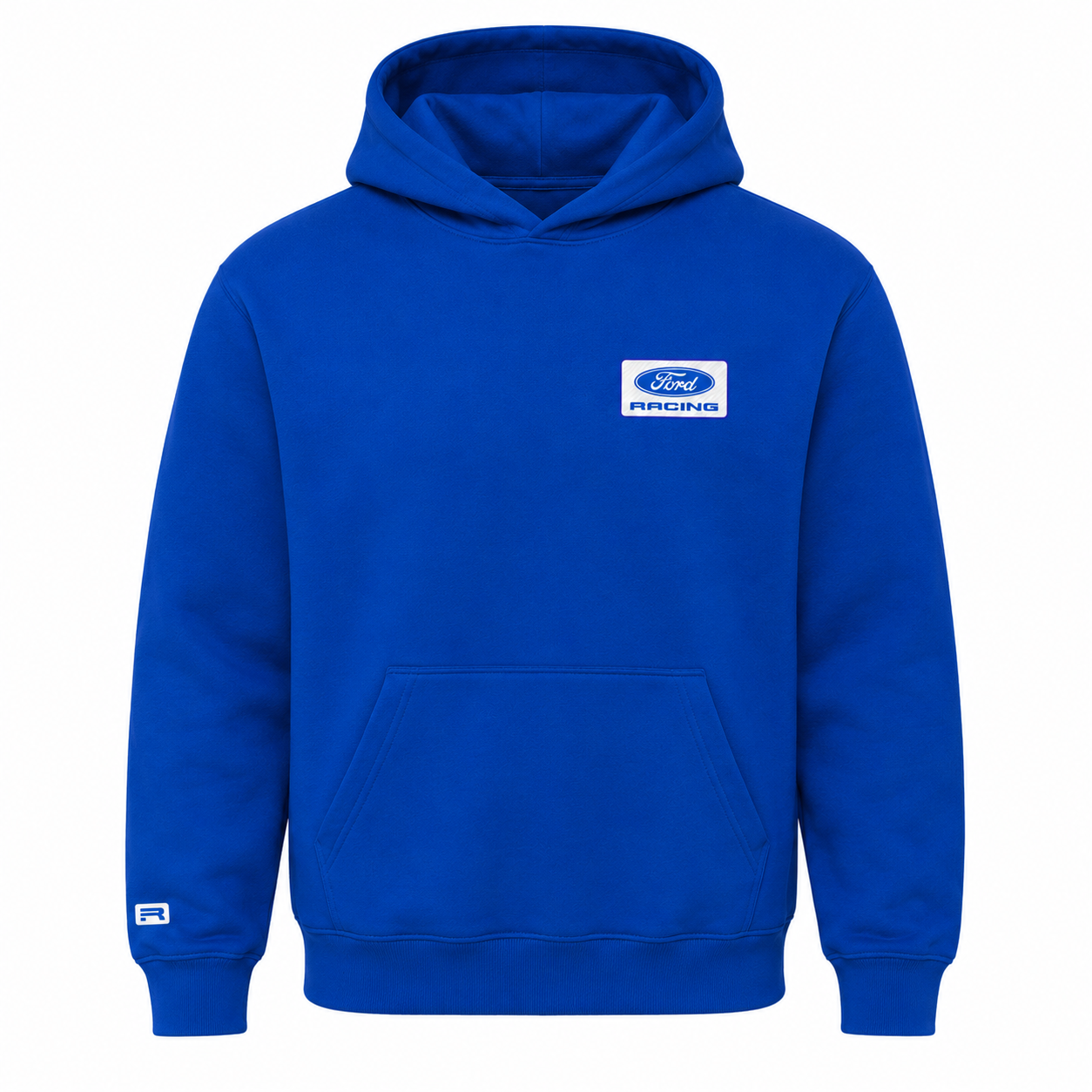 A royal blue pullover hoodie with a white rectangular Ford RACING logo patch on the left chest and a small matching logo on the right sleeve cuff, shown against a plain white background.