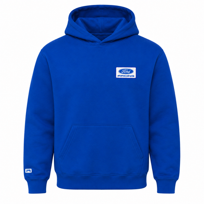 A royal blue pullover hoodie with a white rectangular Ford RACING logo patch on the left chest and a small matching logo on the right sleeve cuff, shown against a plain white background.