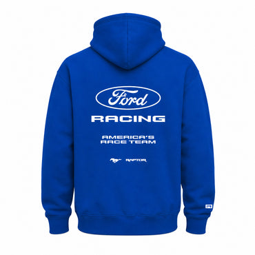 A royal blue hoodie shown from the back, featuring a large white Ford Racing logo and text on the back, with a small white logo on the left sleeve cuff.
