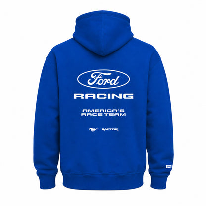 A royal blue hoodie shown from the back, featuring a large white Ford Racing logo and text on the back, with a small white logo on the left sleeve cuff.